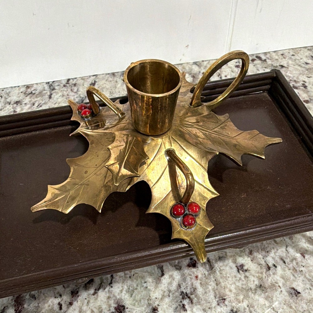 Vintage Brass Holly Leaf Chamber Candlestick Holder Red Berry Christmas India